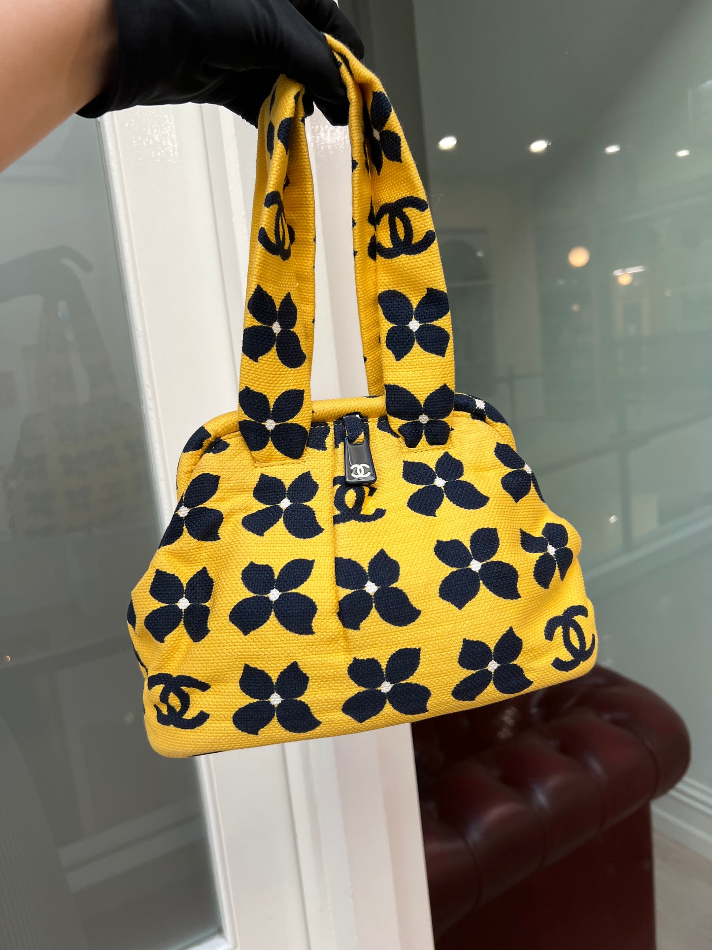 Pre-loved Vintage Chanel Printed CC Logo Framed Floral Bag Yellow 2002