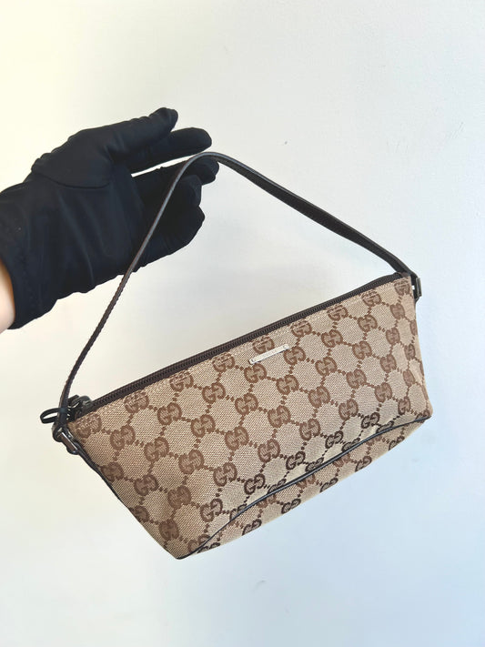 Pre-loved Gucci vintage GG Canvas Boat Baguette Bag Brown