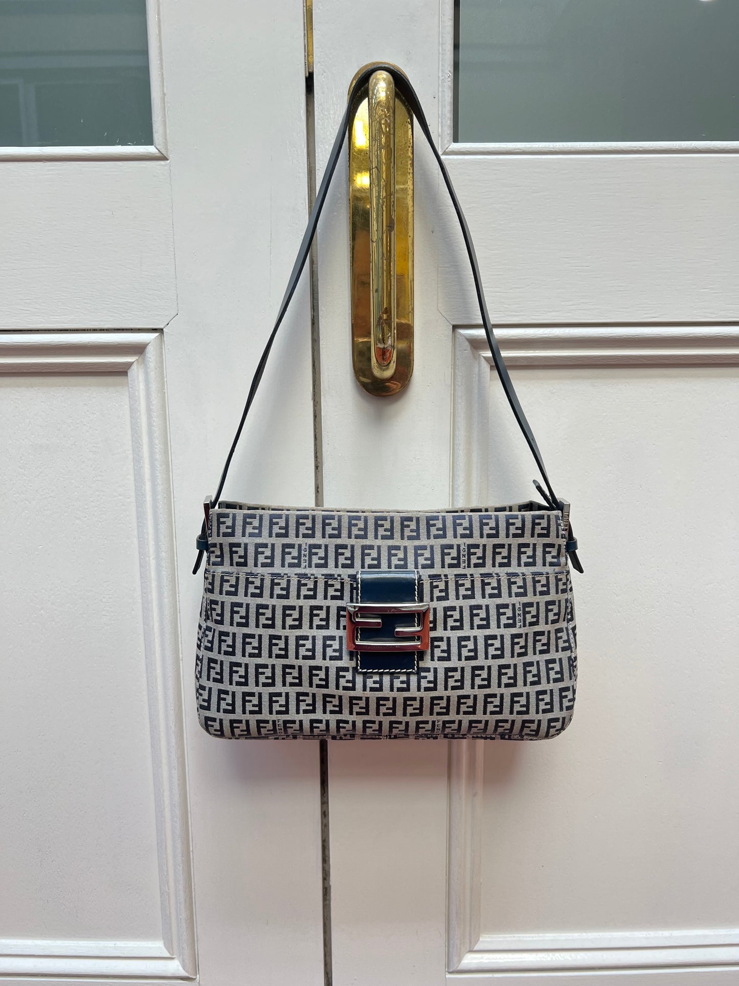 Pre-loved Fendi Monogram FF Mama Forever Baguette Flap Navy Blue