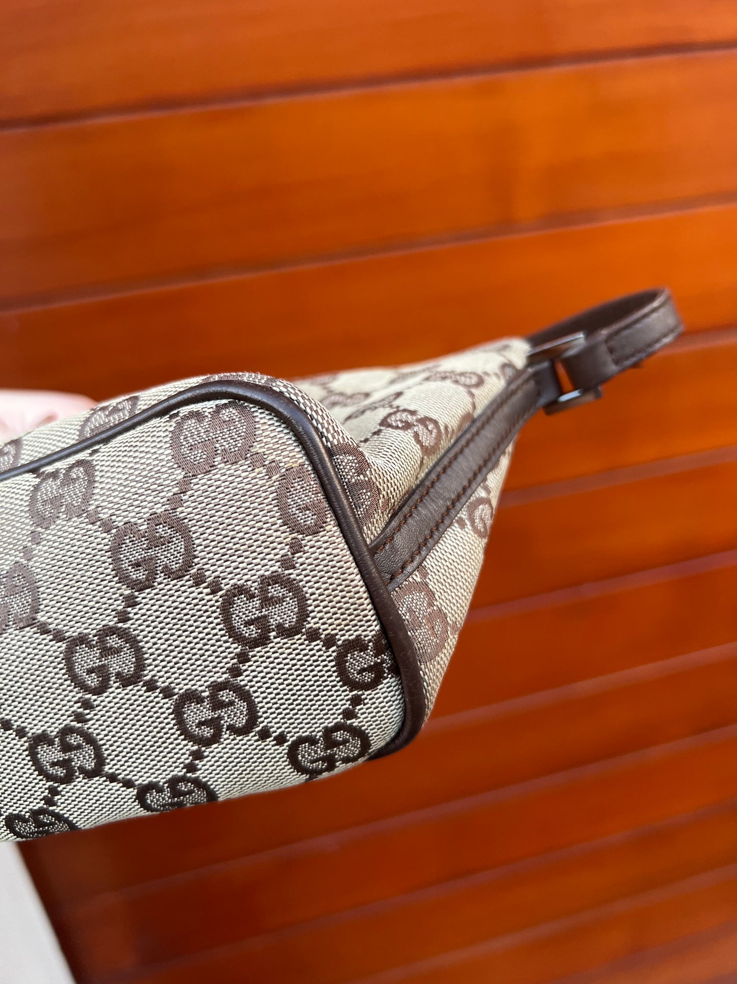 Pre-loved Gucci vintage GG Canvas Boat Baguette Bag Brown