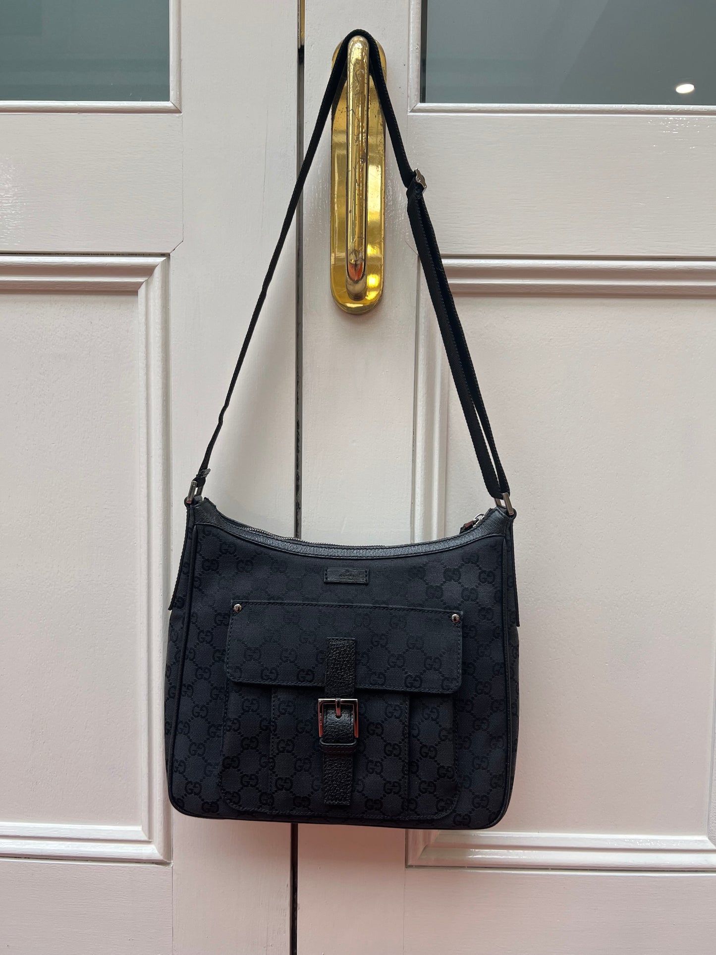 Pre-loved Gucci Black GG Canvas and Leather Crossbody Bag