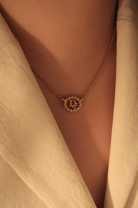 Pre-loved Vintage Dior Braided Gold Oval Logo Necklace