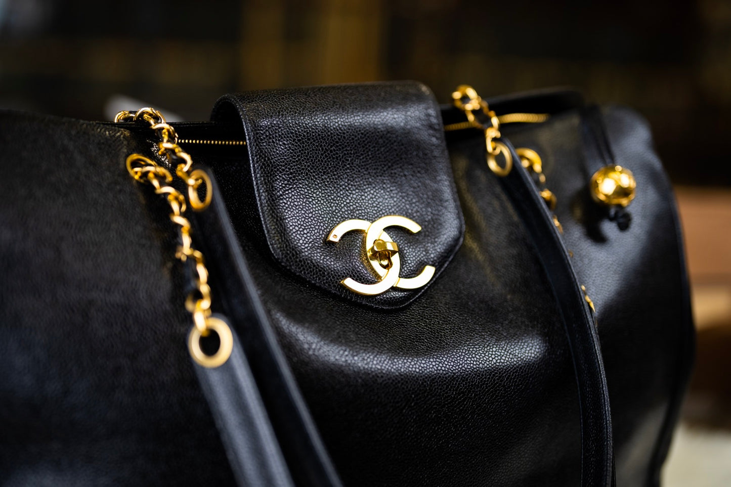 Pre-loved Chanel Vintage Black Caviar Leather Gold Supermodel Carryall Travel Weekender Shoulder Tote Bag