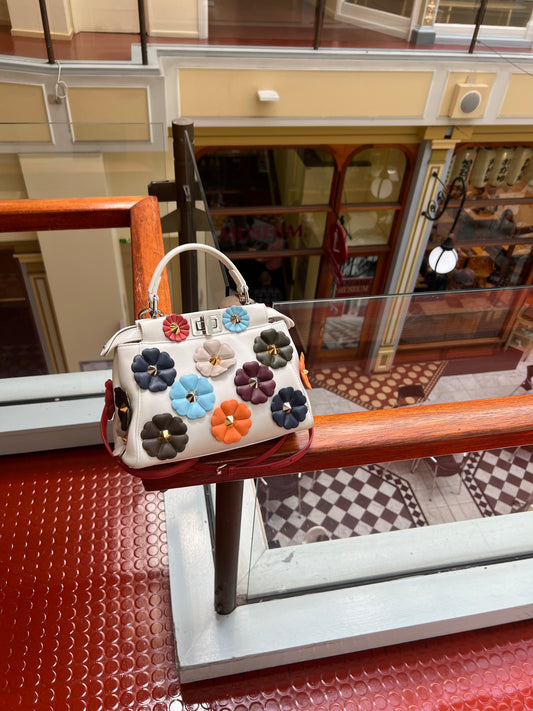 Pre-loved Fendi Nappa Flowerland Mini Peekaboo Iconic Satchel White Ice Multicolor 2017