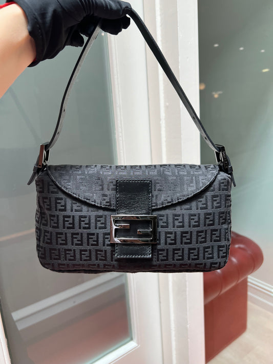 Pre-loved Fendi Vintage Zucchino Pattern Baguette Handbag Black