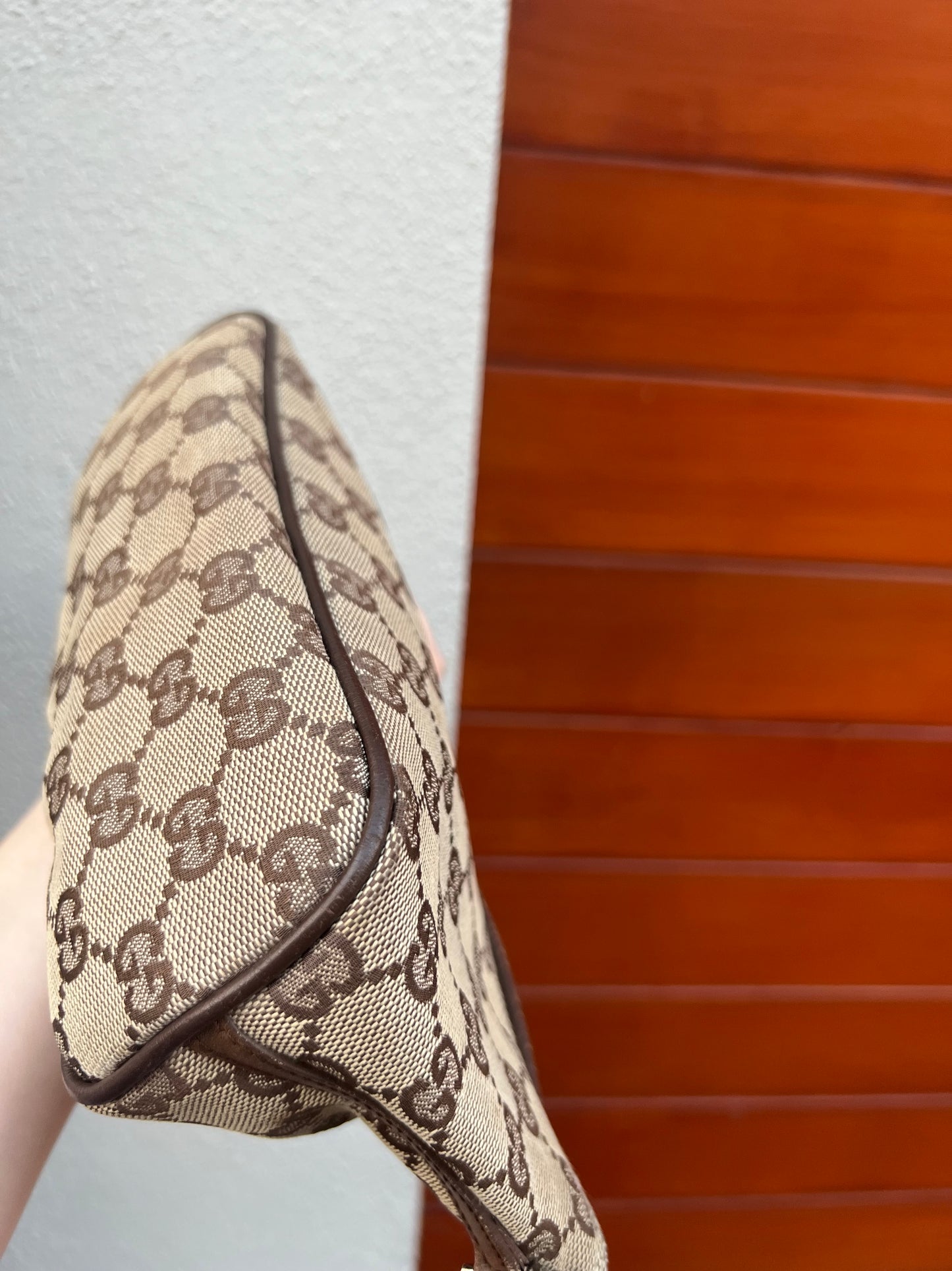 Pre-loved Gucci vintage GG Canvas Boat Baguette Bag Brown