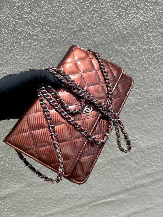 Pre- loved Chanel Burgundy Striated Quilted Patent Leather Classic WOC Crossbody Bag