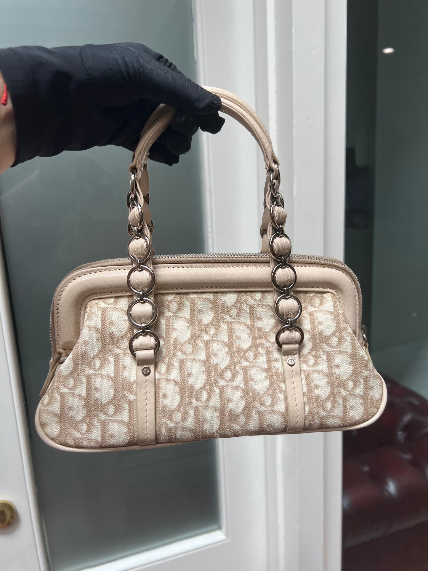Pre-loved Dior Beige/White Coated Canvas Diorissimo Romantique Trotter Satchel 2008