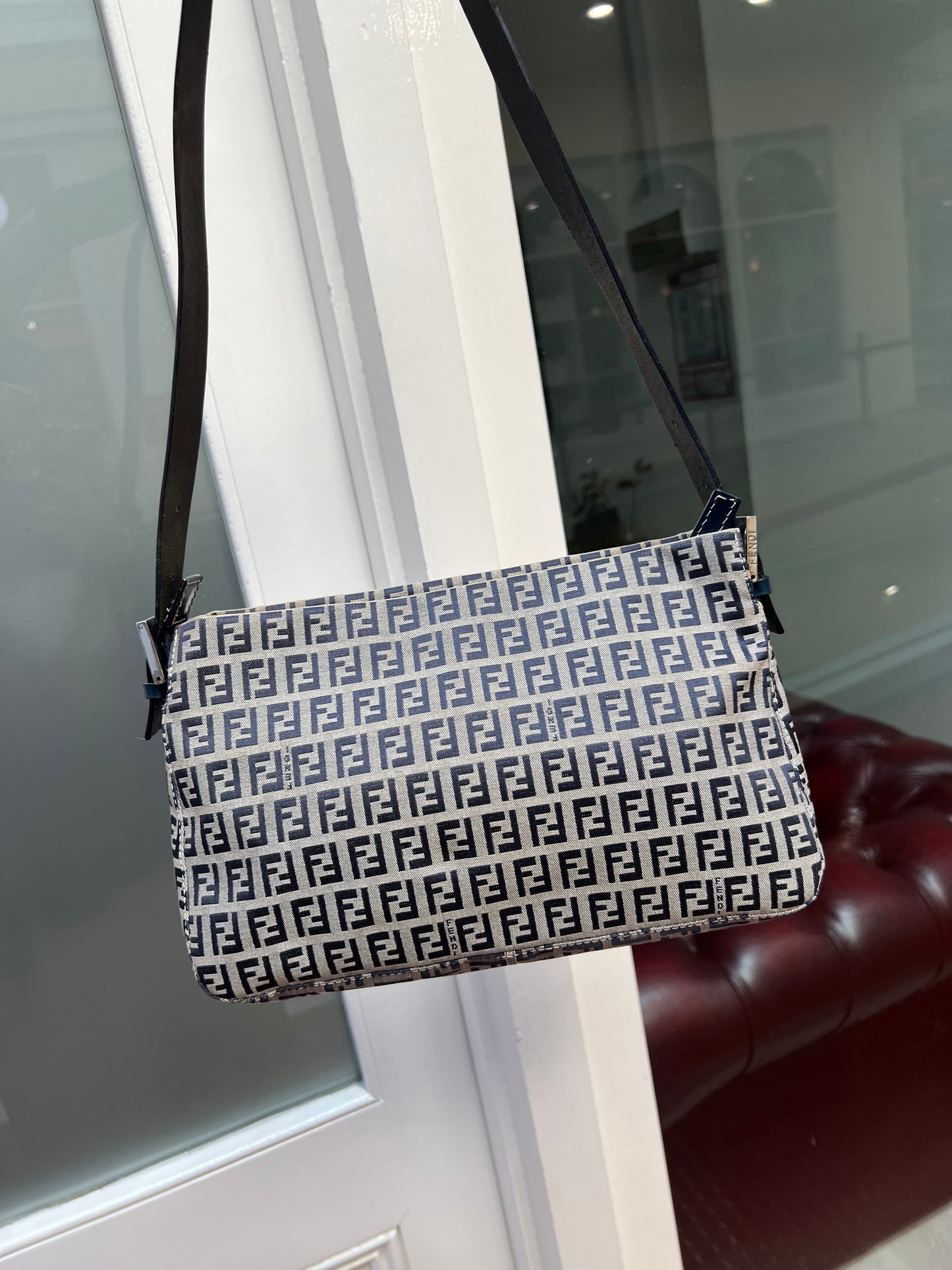 Pre-loved Fendi Monogram FF Mama Forever Baguette Flap Navy Blue
