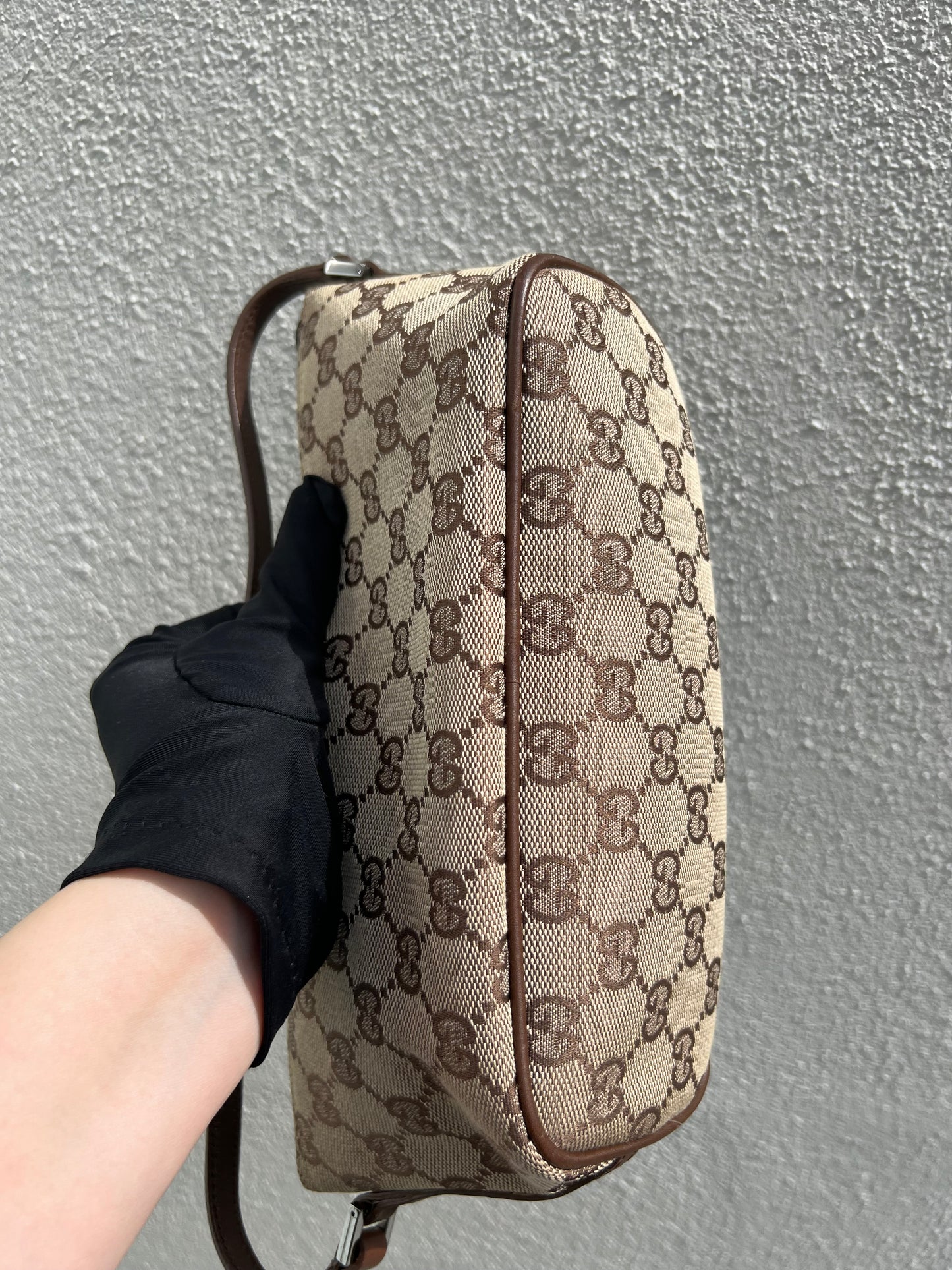 Pre-loved Gucci vintage GG Canvas Boat Baguette Bag Brown