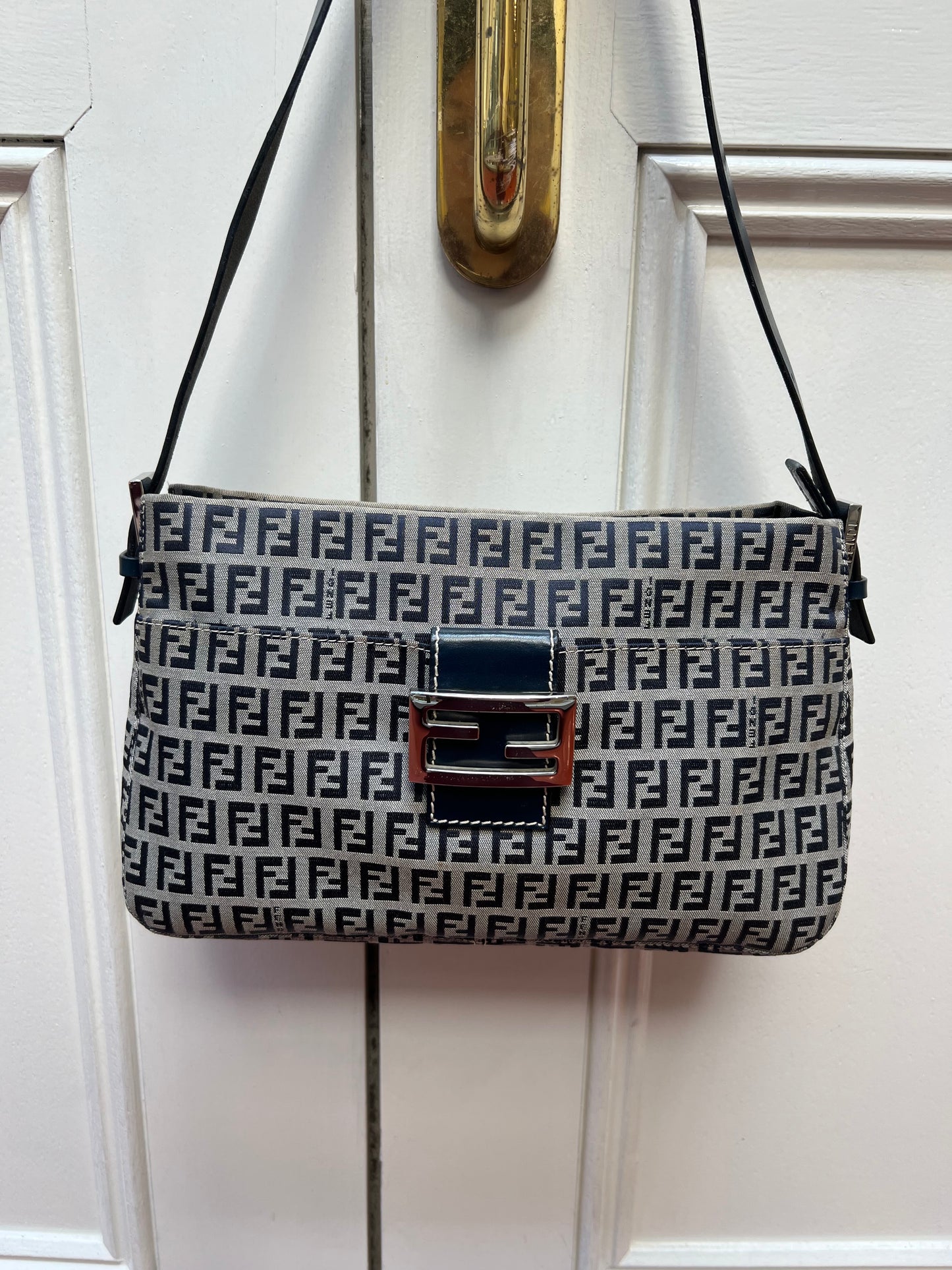 Pre-loved Fendi Monogram FF Mama Forever Baguette Flap Navy Blue