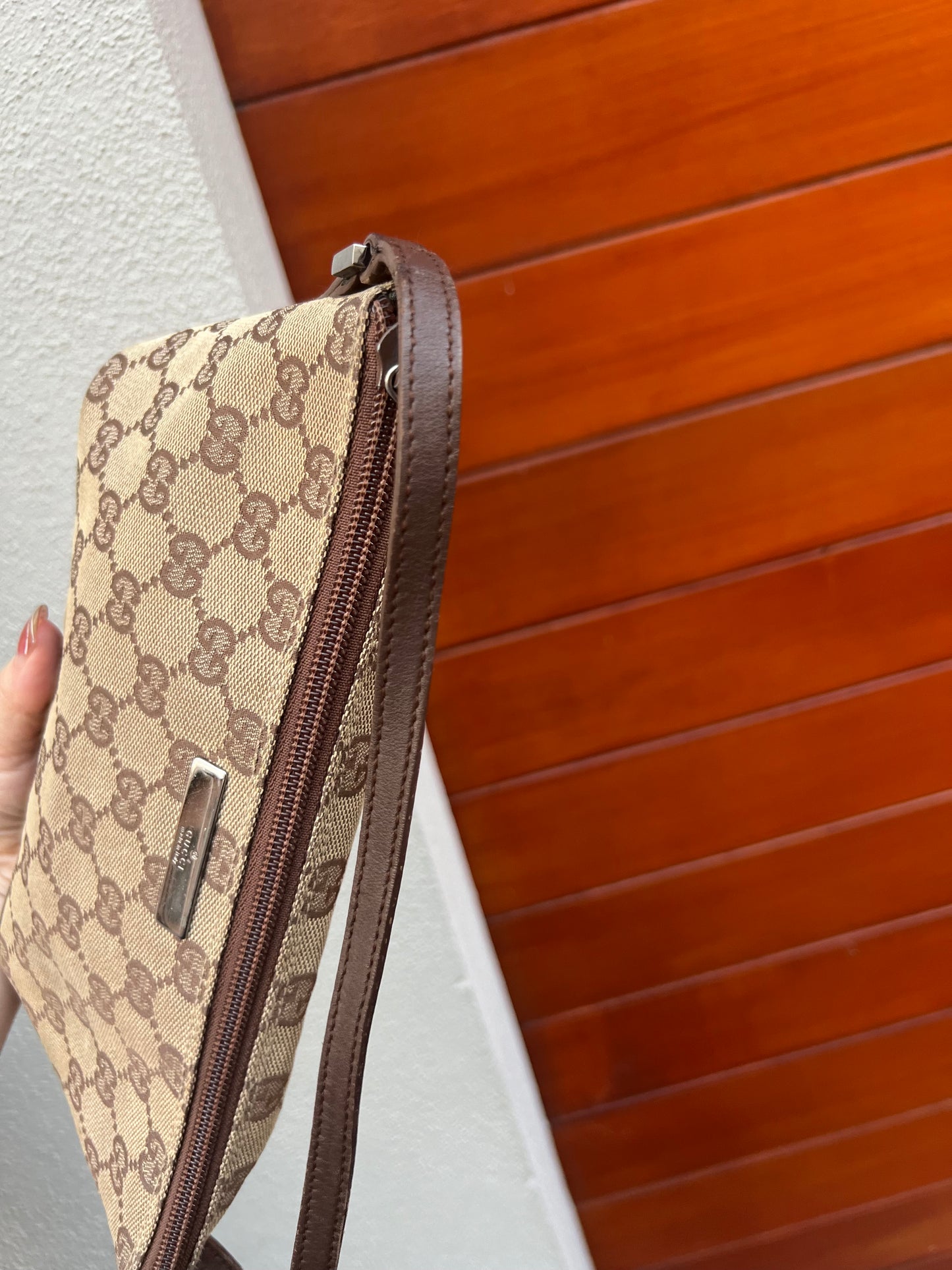 Pre-loved Gucci vintage GG Canvas Boat Baguette Bag Brown