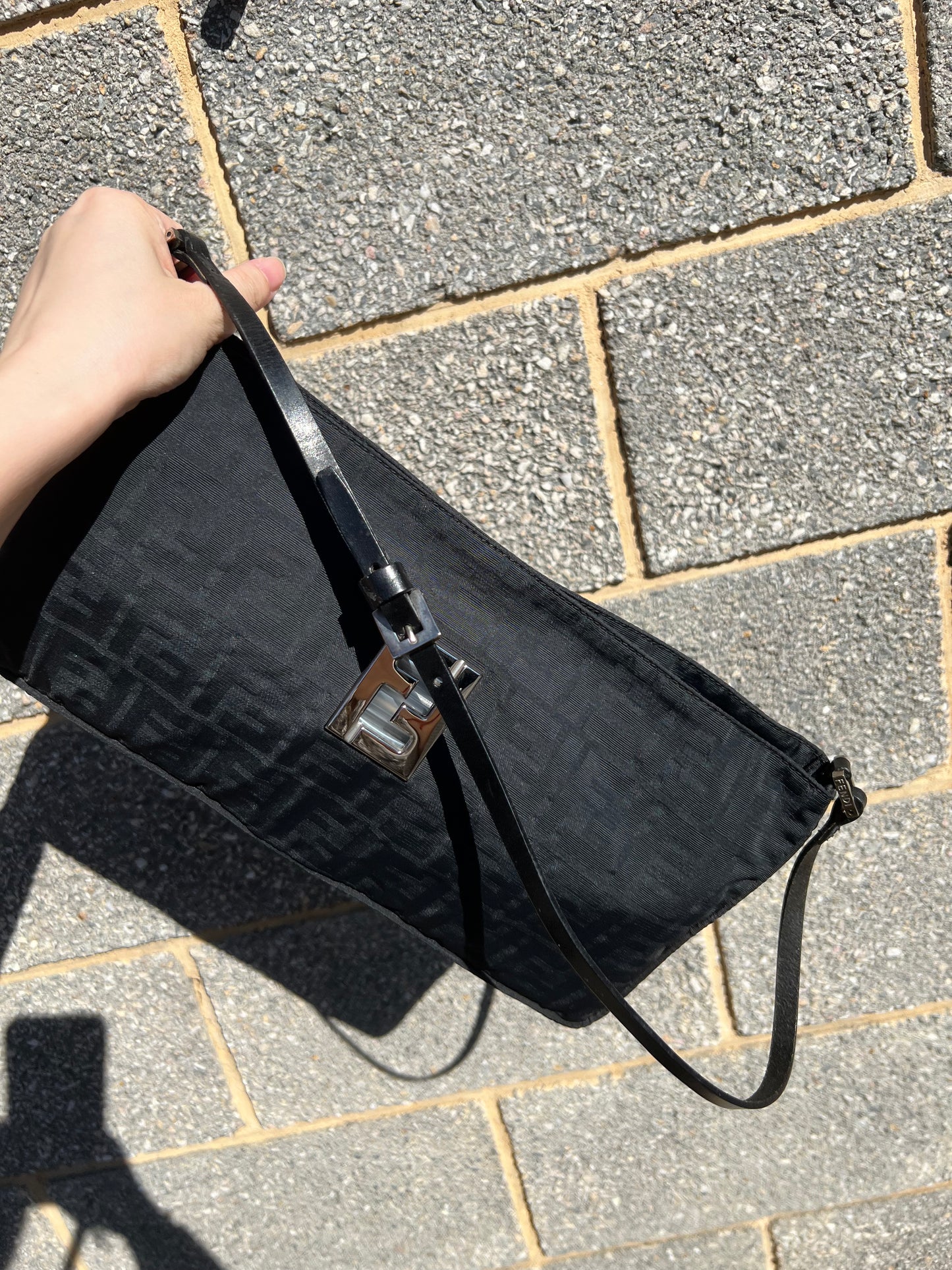 Pre-loved Fendi Zucco Print Hobo Shoulder Bag Black