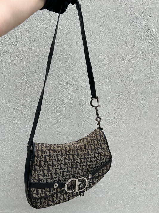 Pre-loved Dior Trotter Logo Canvas CD Flap Large Messenger Crossbody Saddle Bag