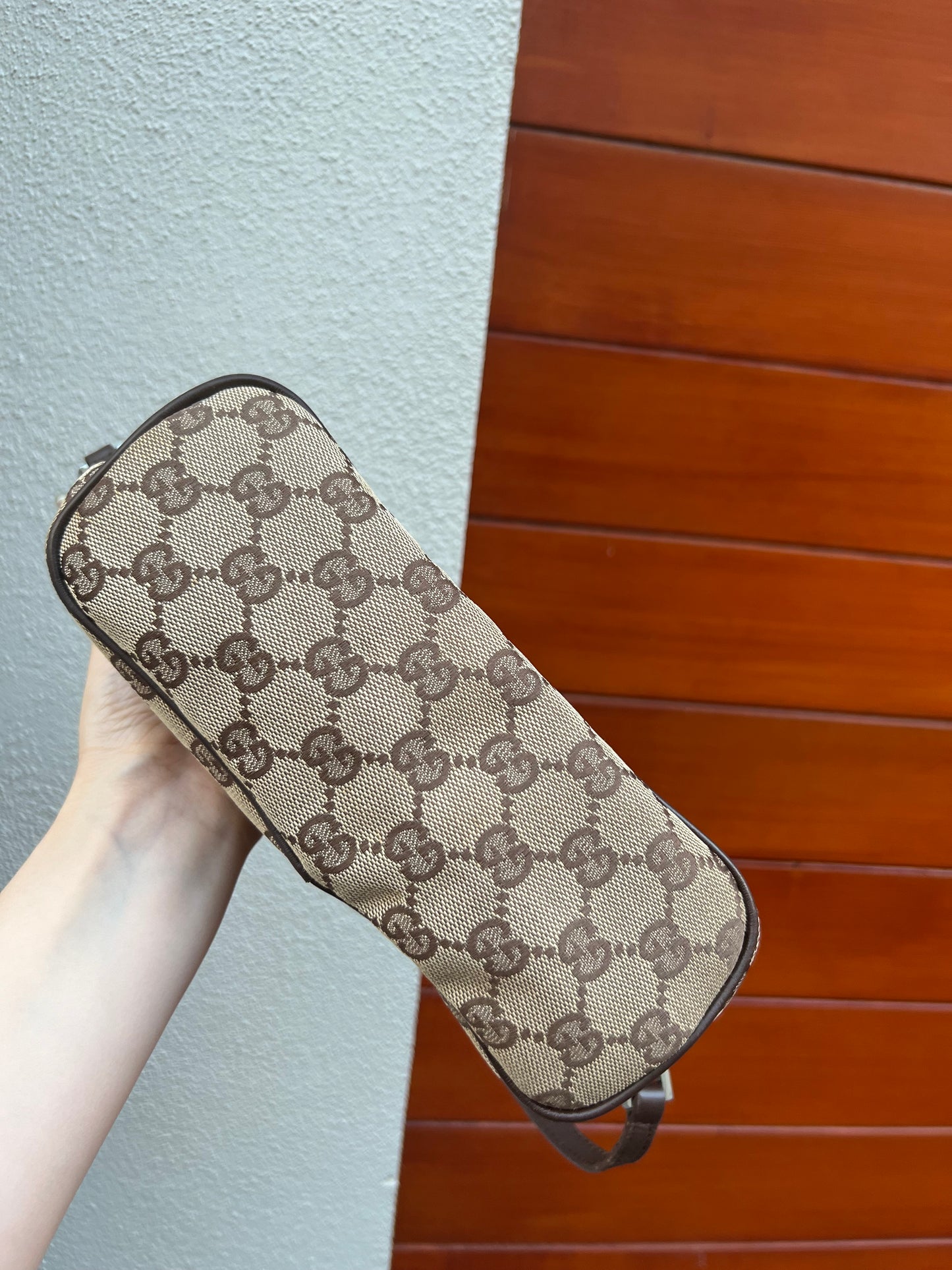 Pre-loved Gucci vintage GG Canvas Boat Baguette Bag Brown