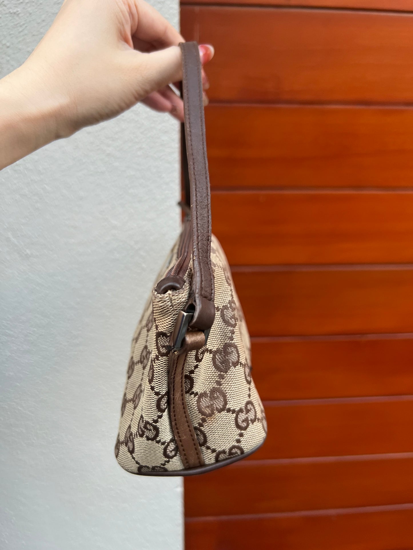 Pre-loved Gucci vintage GG Canvas Boat Baguette Bag Brown