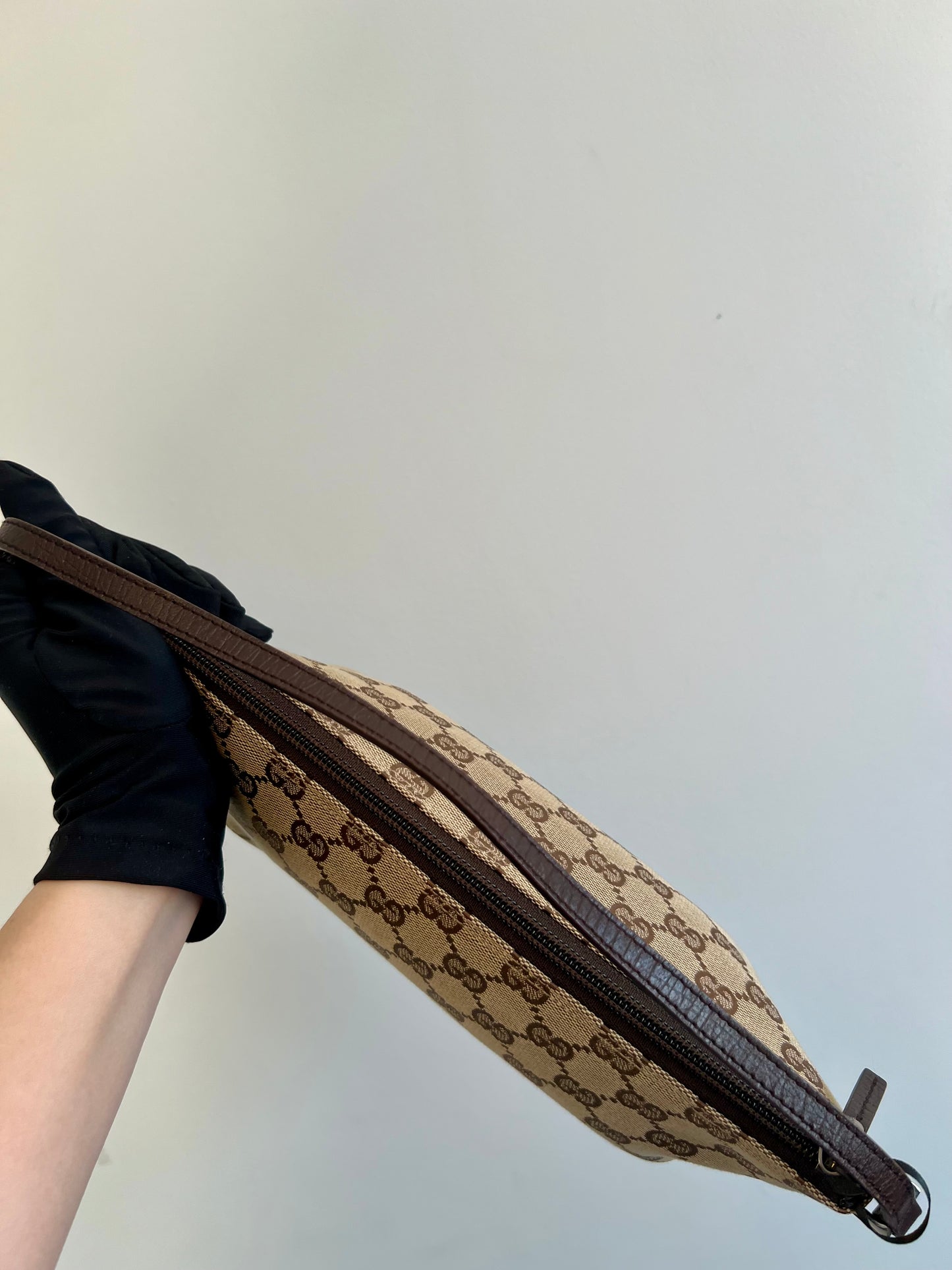 Pre-loved Gucci vintage GG Canvas Boat Baguette Bag Brown