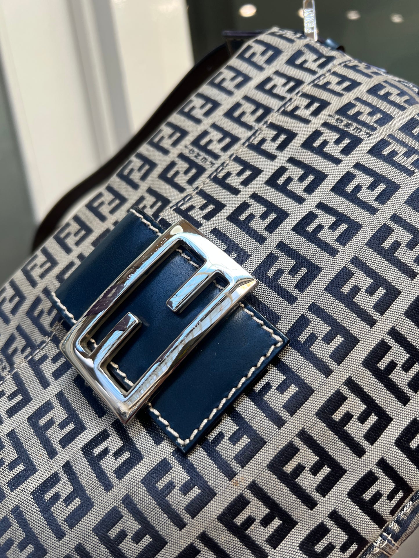 Pre-loved Fendi Monogram FF Mama Forever Baguette Flap Navy Blue