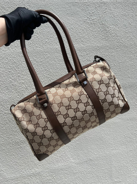 Pre- loved Gucci Beige/Brown GG Canvas and Leather Boston Bag