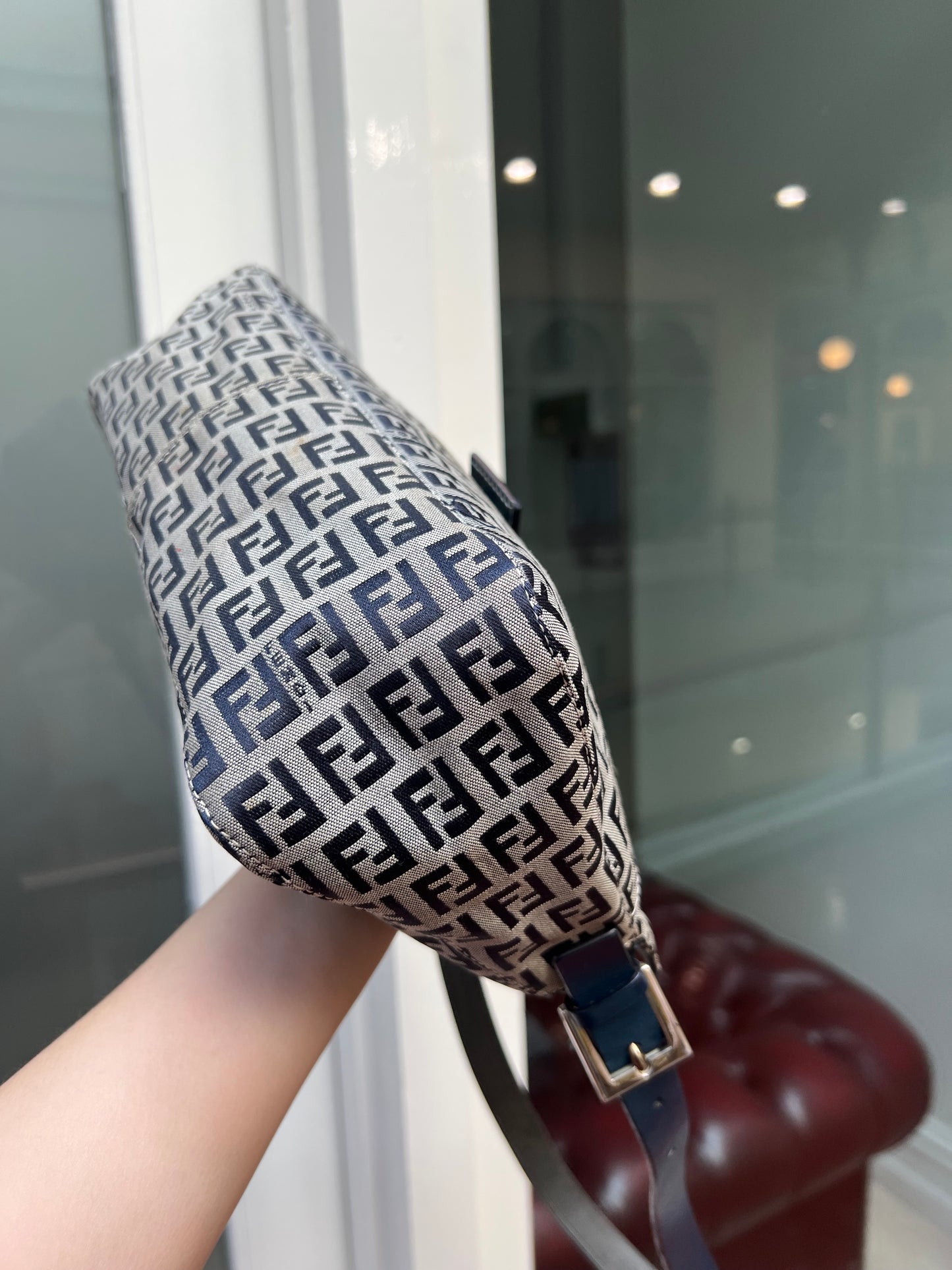 Pre-loved Fendi Monogram FF Mama Forever Baguette Flap Navy Blue