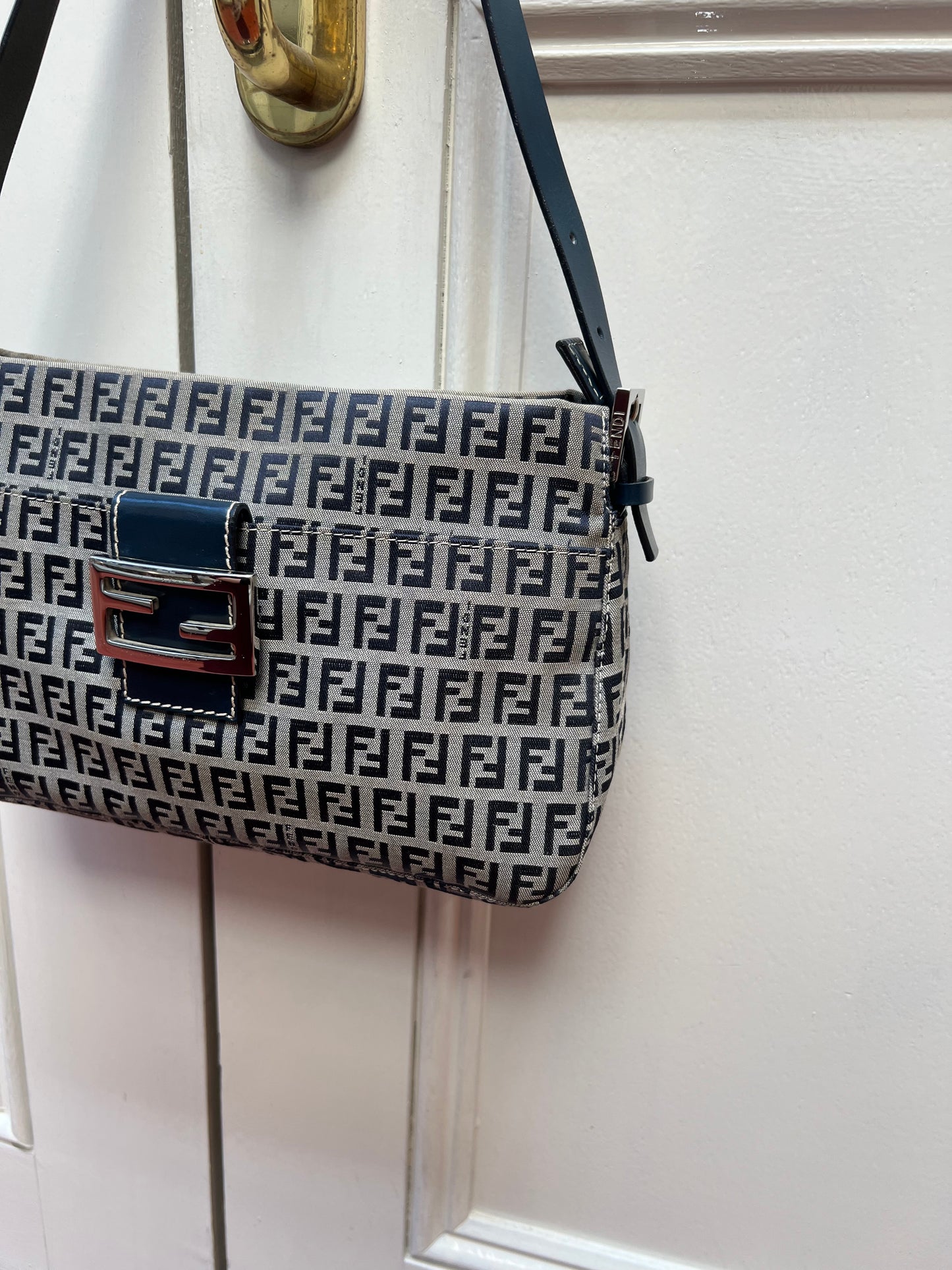 Pre-loved Fendi Monogram FF Mama Forever Baguette Flap Navy Blue