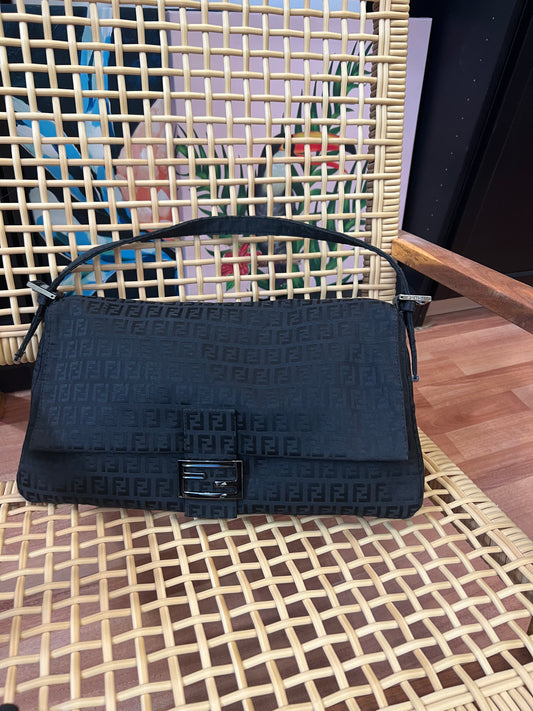 Pre- owned Fendi XL Zucchino Baguette Bag Black