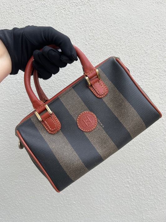 Pre-loved Fendi Pecan Handbag Mini Boston Bag Leather Black Beige Brown