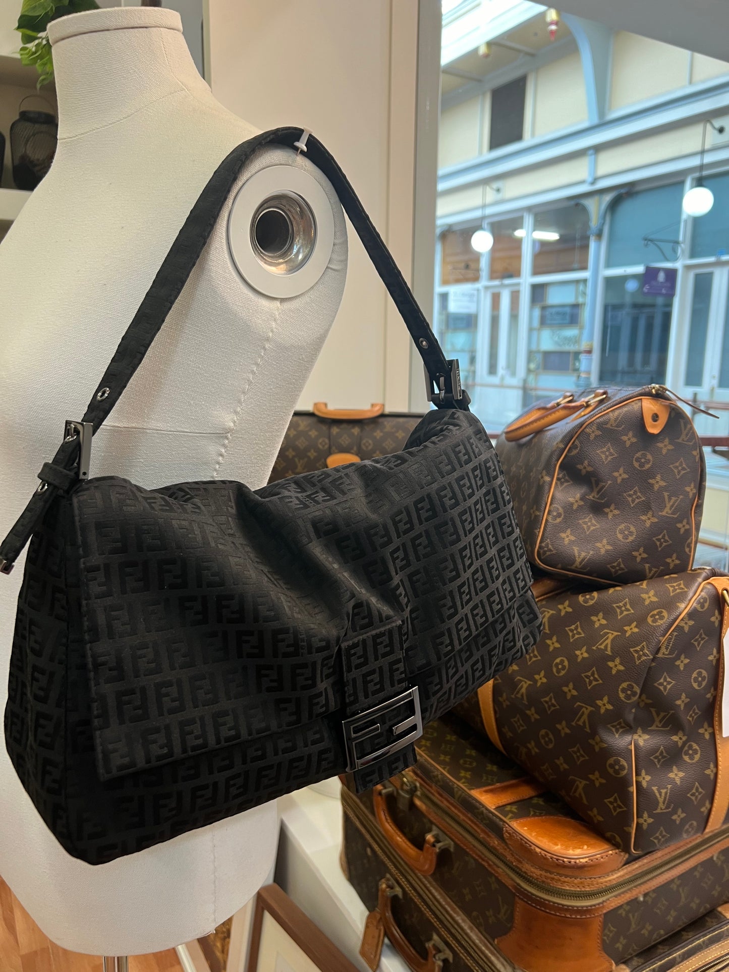 Pre- owned Fendi XL Zucchino Baguette Bag Black
