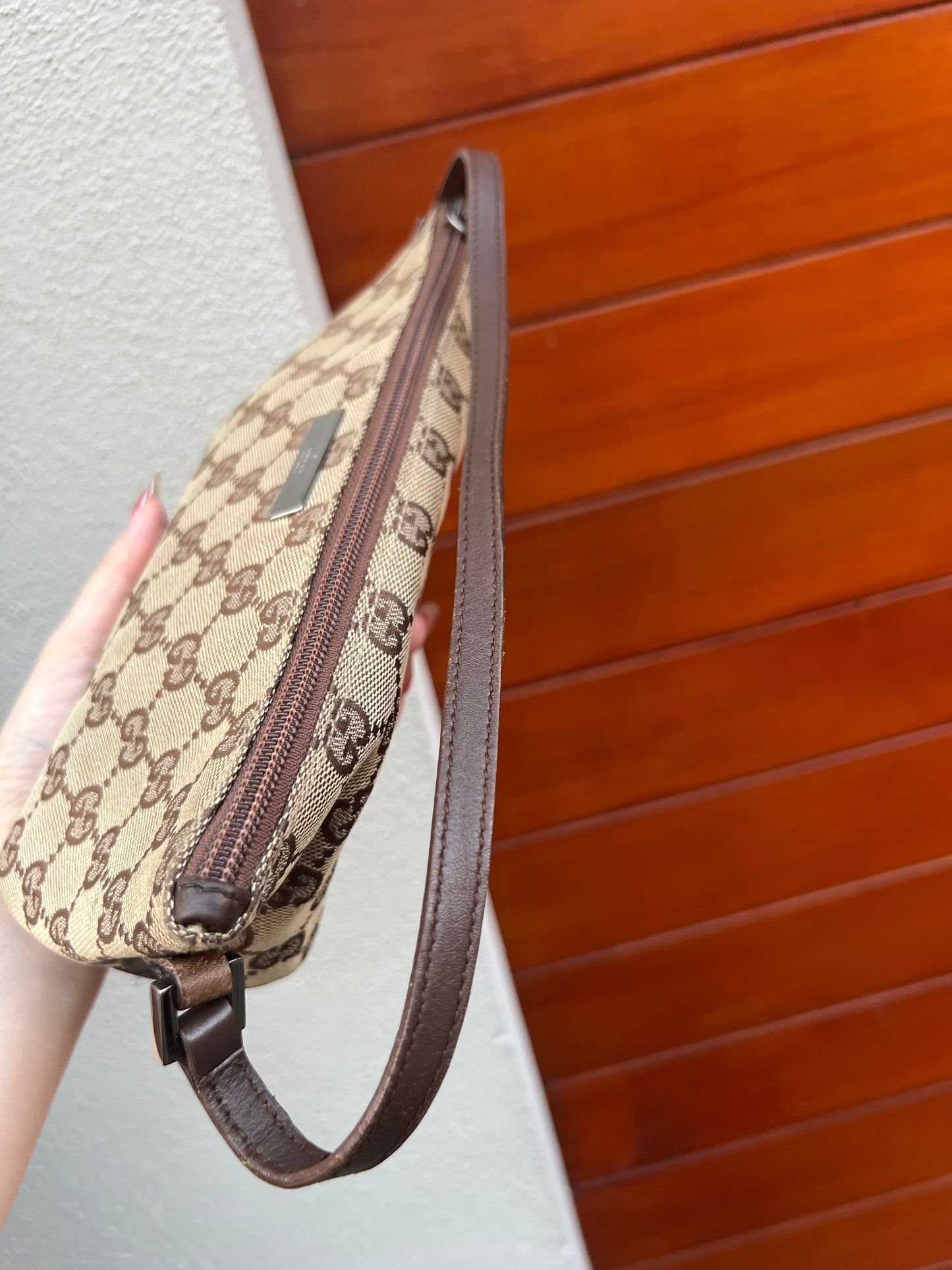 Pre-loved Gucci vintage GG Canvas Boat Baguette Bag Brown