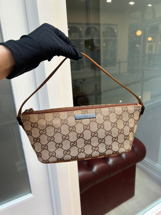 Pre-loved Gucci vintage GG Canvas Boat Baguette Bag Brown