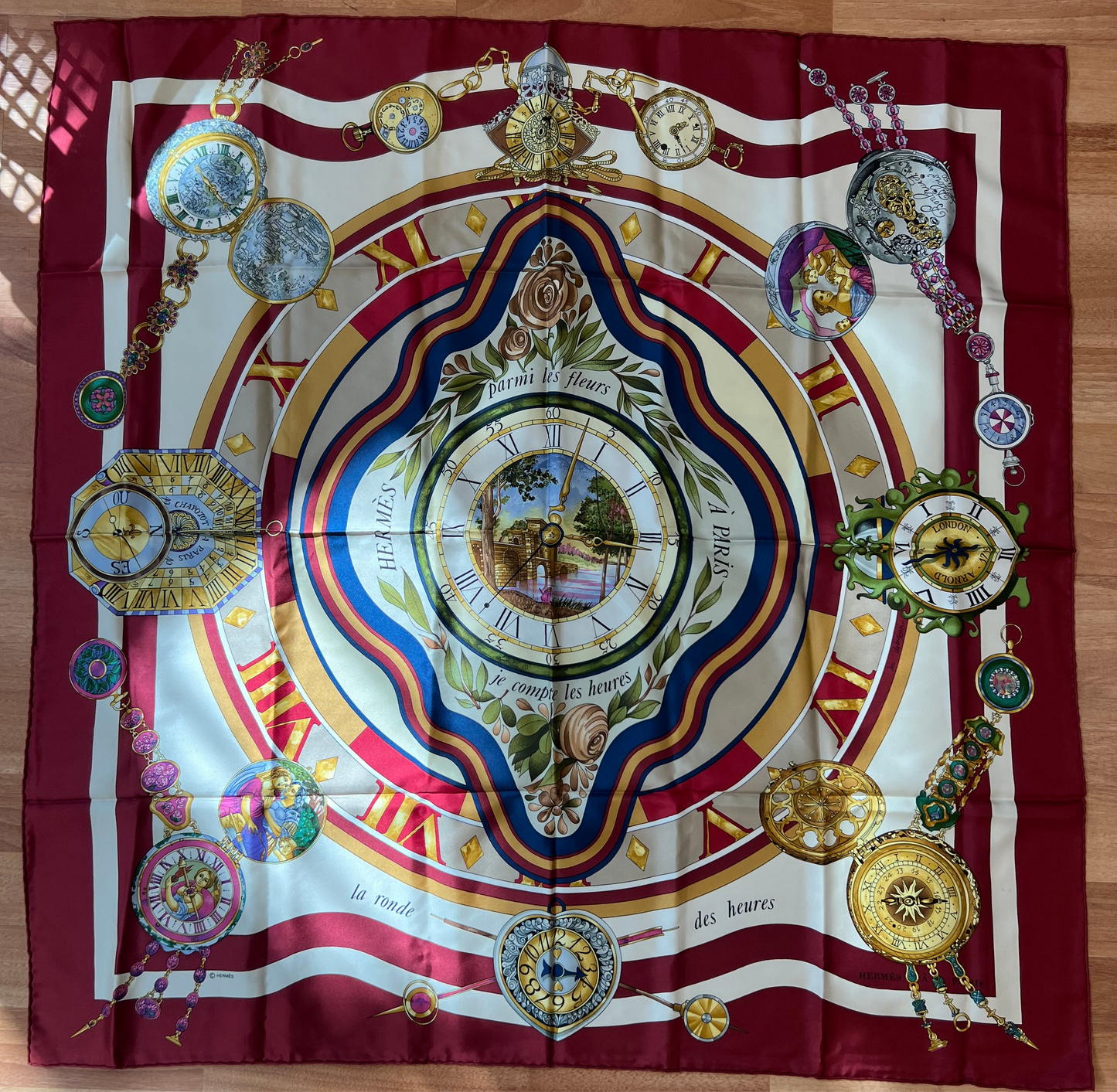 Pre-loved Hermès HERMES Carre 90 Scarf parmi les fleurs je compt Silk Bordeaux Auth kk329 Dark red