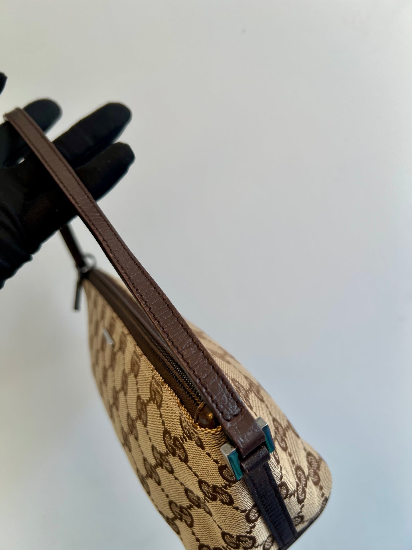 Pre-loved Gucci vintage GG Canvas Boat Baguette Bag Brown