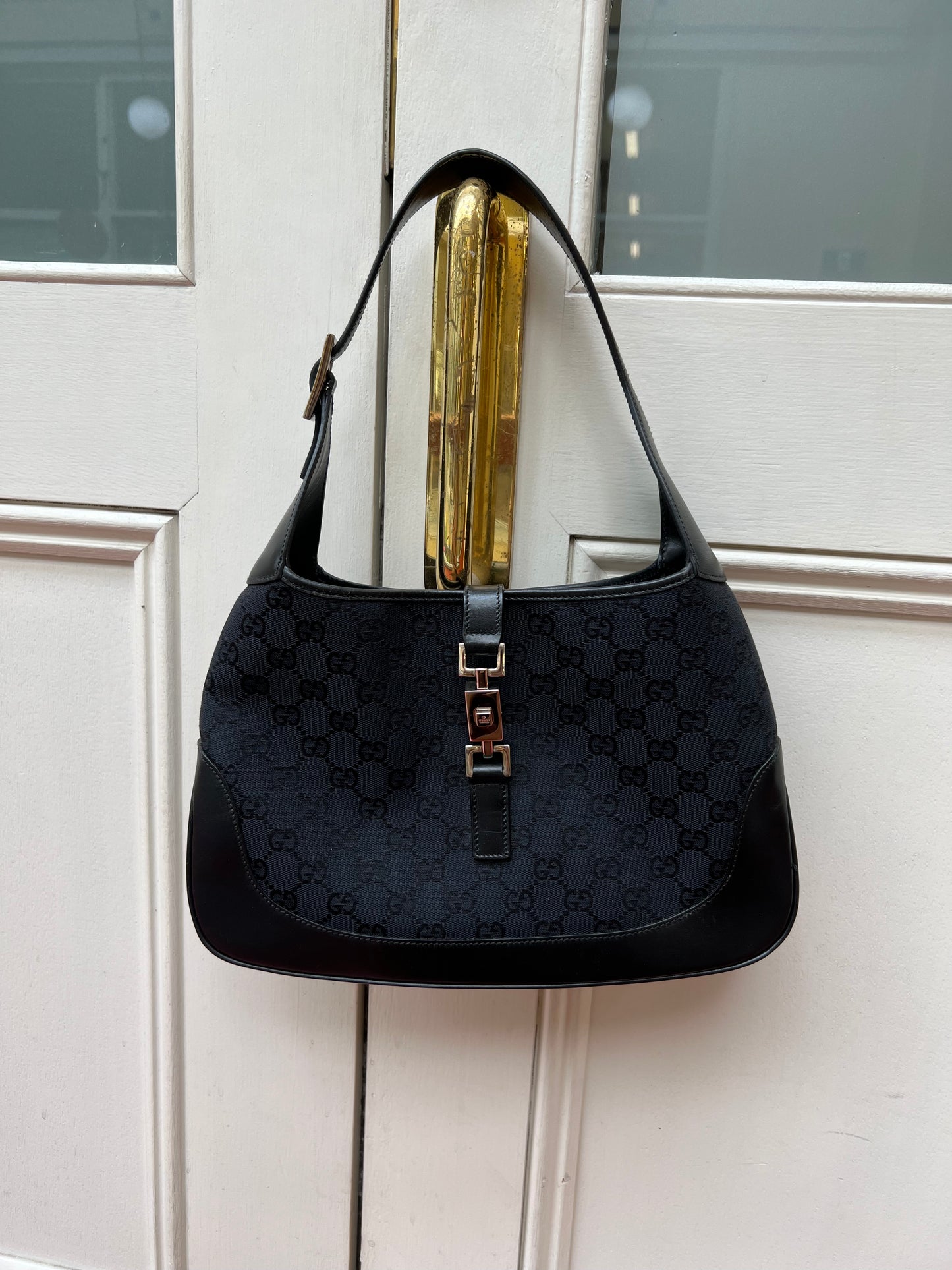 Pre-loved Gucci Black GG Canvas and Leather Jackie O Hobo