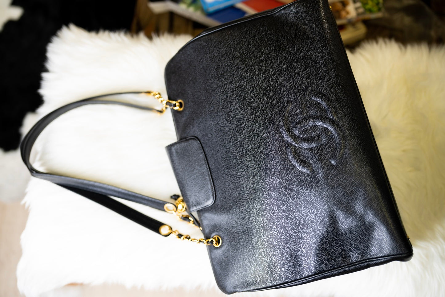 Pre-loved Chanel Vintage Black Caviar Leather Gold Supermodel Carryall Travel Weekender Shoulder Tote Bag