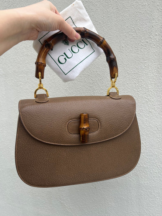 Pre-loved Old Gucci Brown Leather Bamboo 1947 Top Handle Bag
