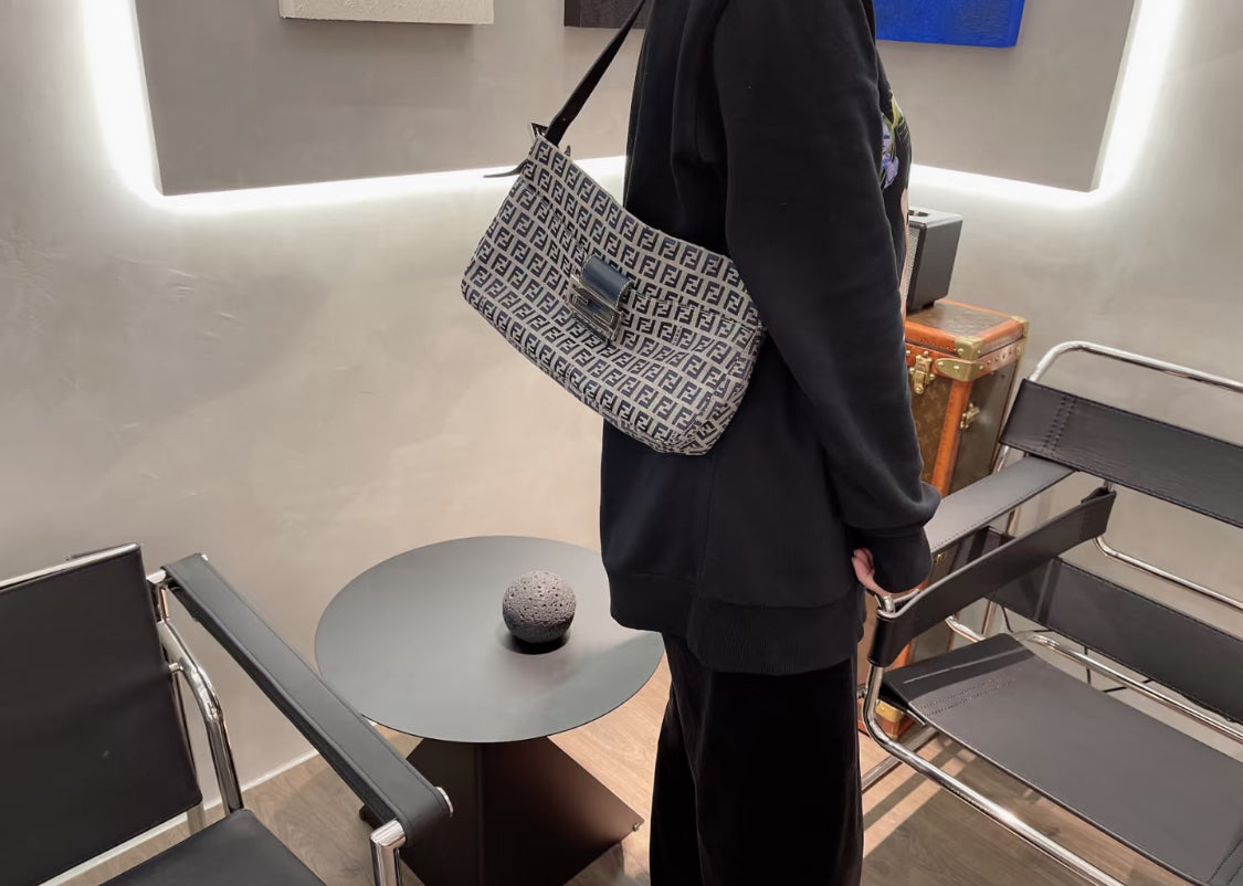 Pre-loved Fendi Monogram FF Mama Forever Baguette Flap Navy Blue