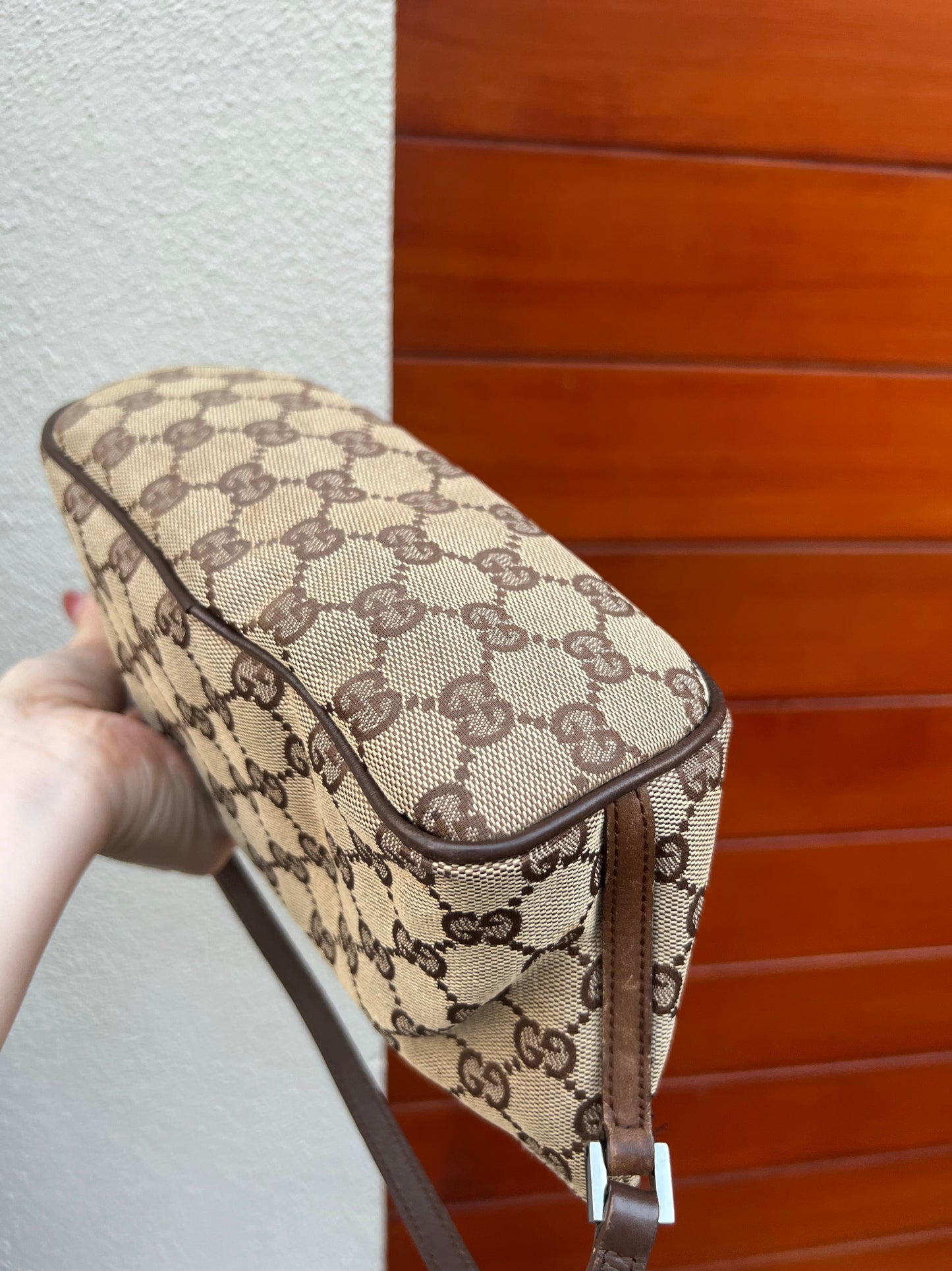 Pre-loved Gucci vintage GG Canvas Boat Baguette Bag Brown
