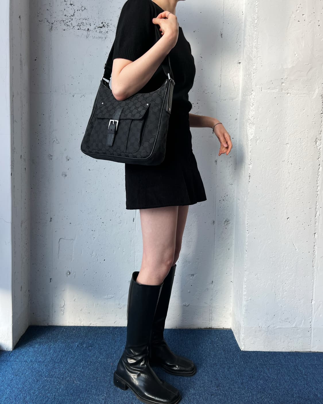 Pre-loved Gucci Black GG Canvas and Leather Crossbody Bag