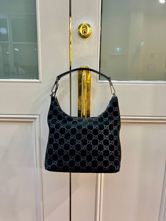 Pre-loved Gucci Vintage Black Velvet Monogram Hobo Shoulder Bag