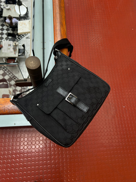Pre-loved Gucci Black GG Canvas and Leather Crossbody Bag