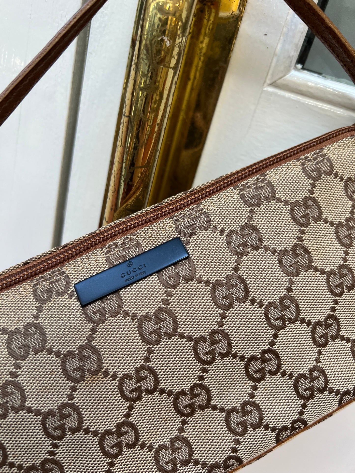 Pre-loved Gucci vintage GG Canvas Boat Baguette Bag Brown