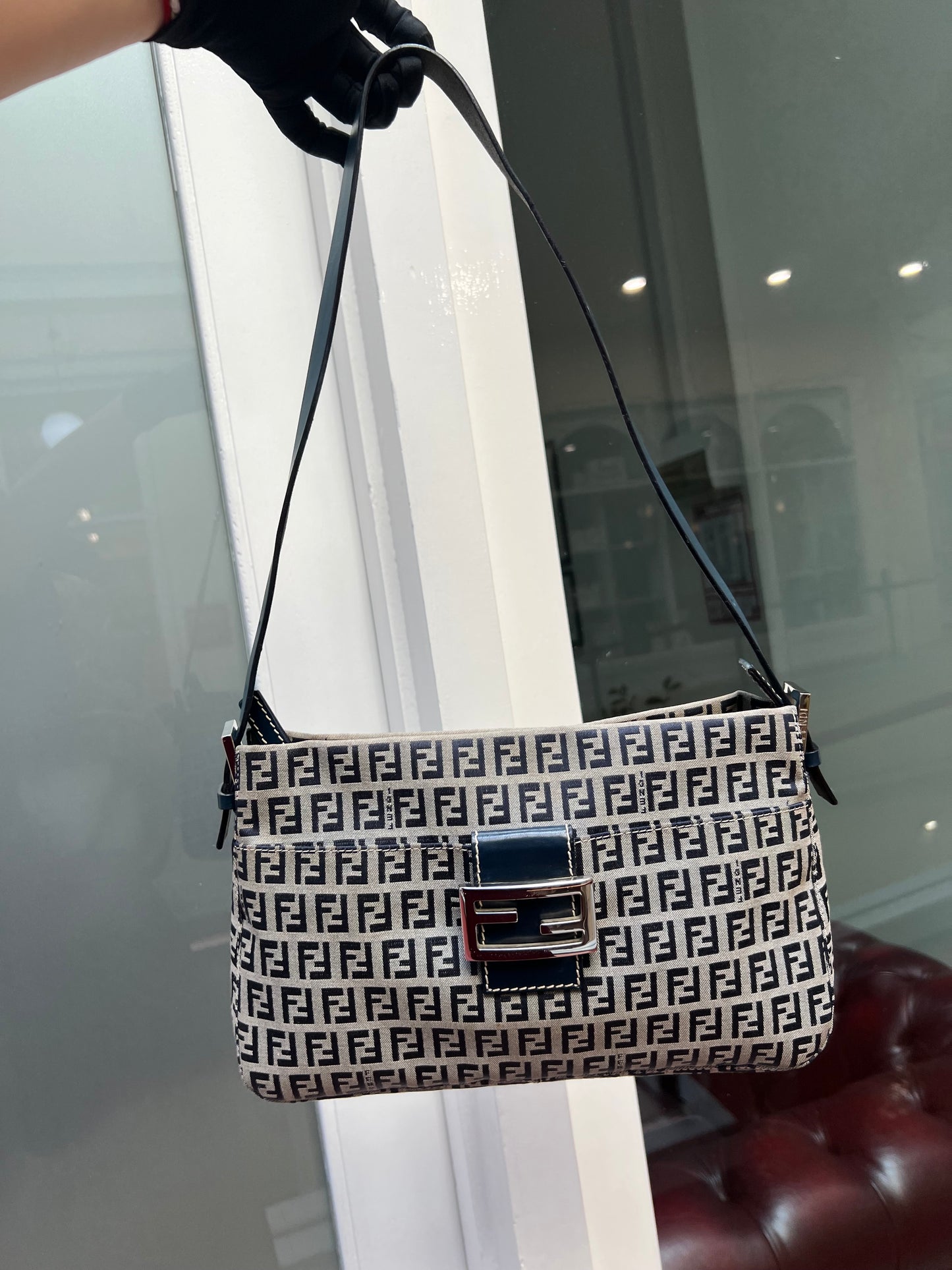 Pre-loved Fendi Monogram FF Mama Forever Baguette Flap Navy Blue