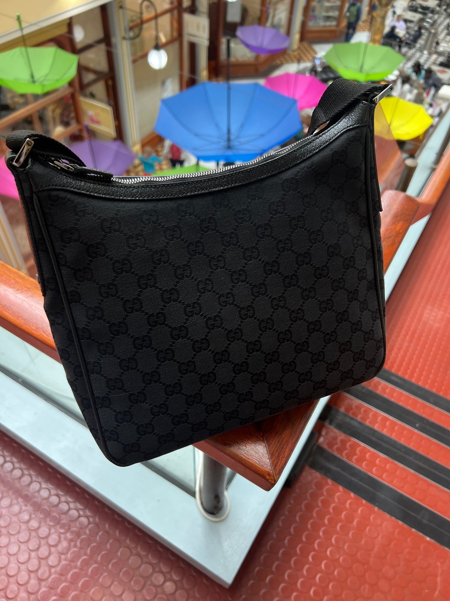 Pre-loved Gucci Black GG Canvas and Leather Crossbody Bag