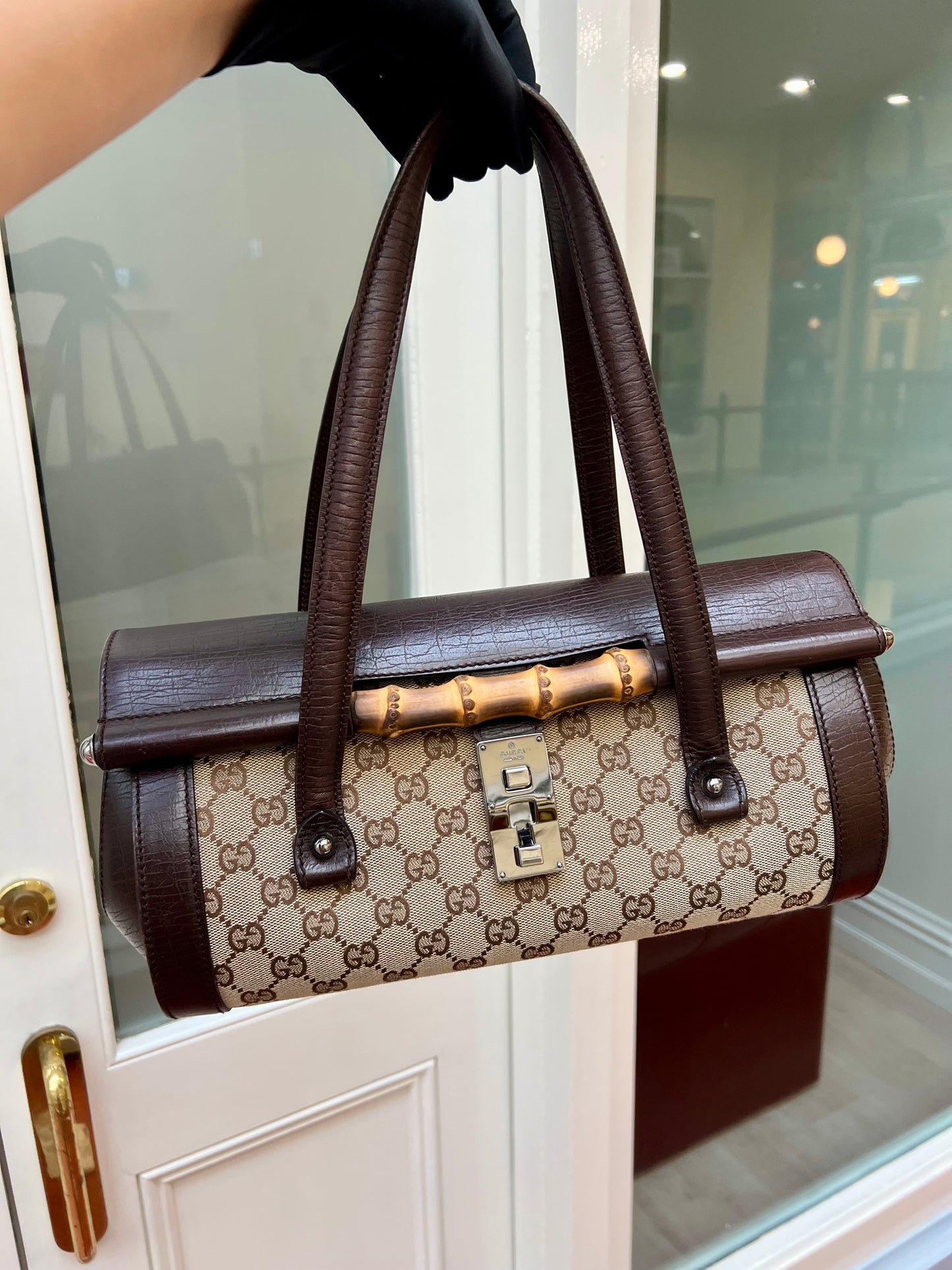 Pre-loved Gucci by Tom Ford Brown Bullet Bag Bamboo Lock Flap S/S 2003
