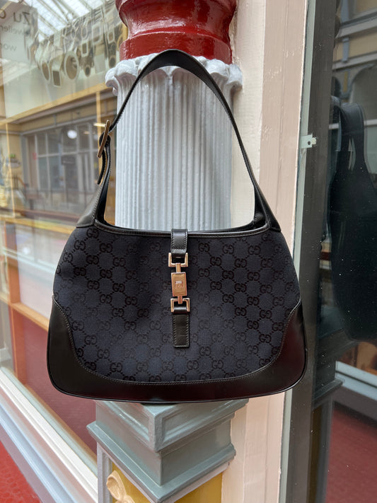 Pre-loved Gucci Black GG Canvas and Leather Jackie O Hobo