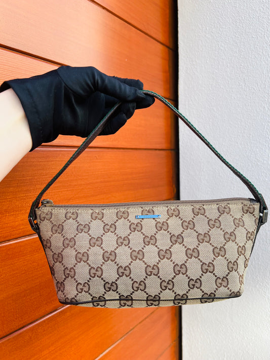 Pre-loved Gucci vintage GG Canvas Boat Baguette Bag Brown