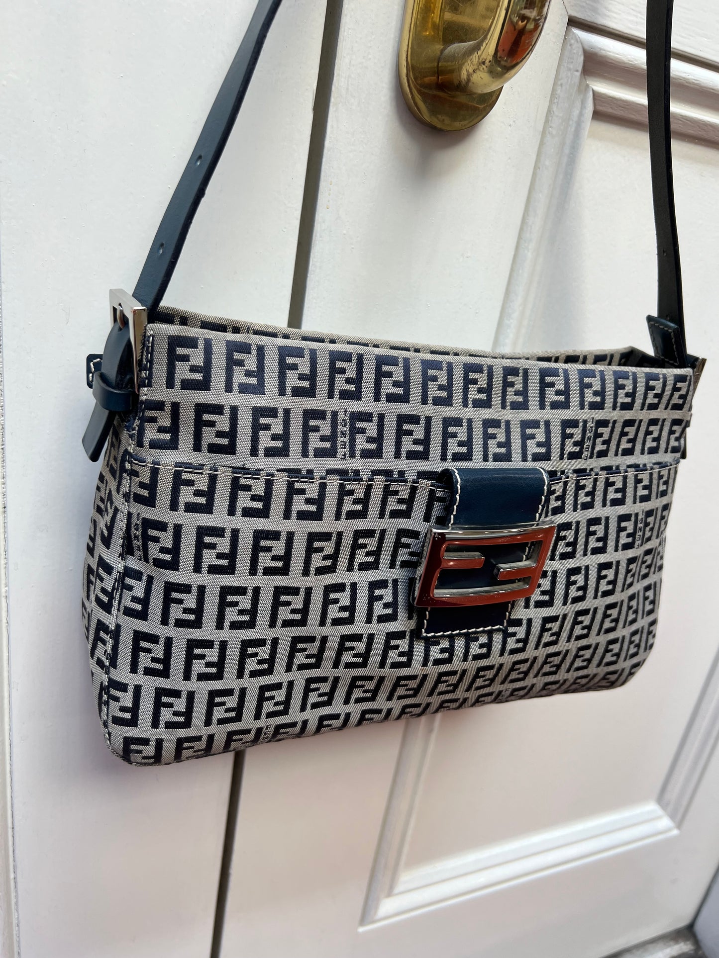 Pre-loved Fendi Monogram FF Mama Forever Baguette Flap Navy Blue