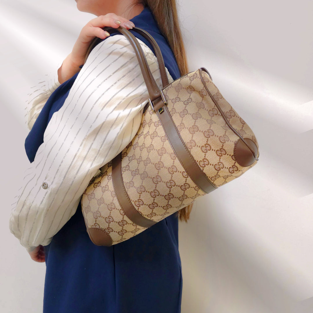 Pre- loved Gucci Beige/Brown GG Canvas and Leather Boston Bag