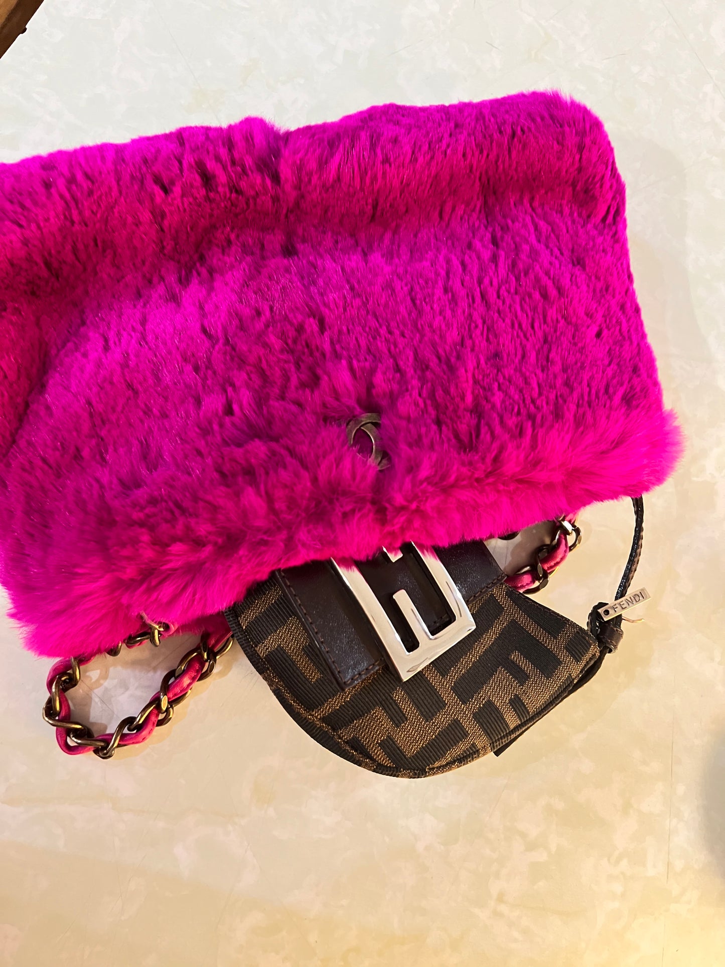 Pre-loved Chanel Fuchsia Pink Rabbit Fur Chain Shoulder Bag