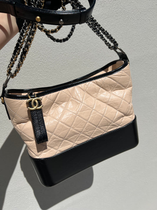 Pre-loved Chanel Beige/Black Quilted Leather Medium Gabrielle Hobo Bag